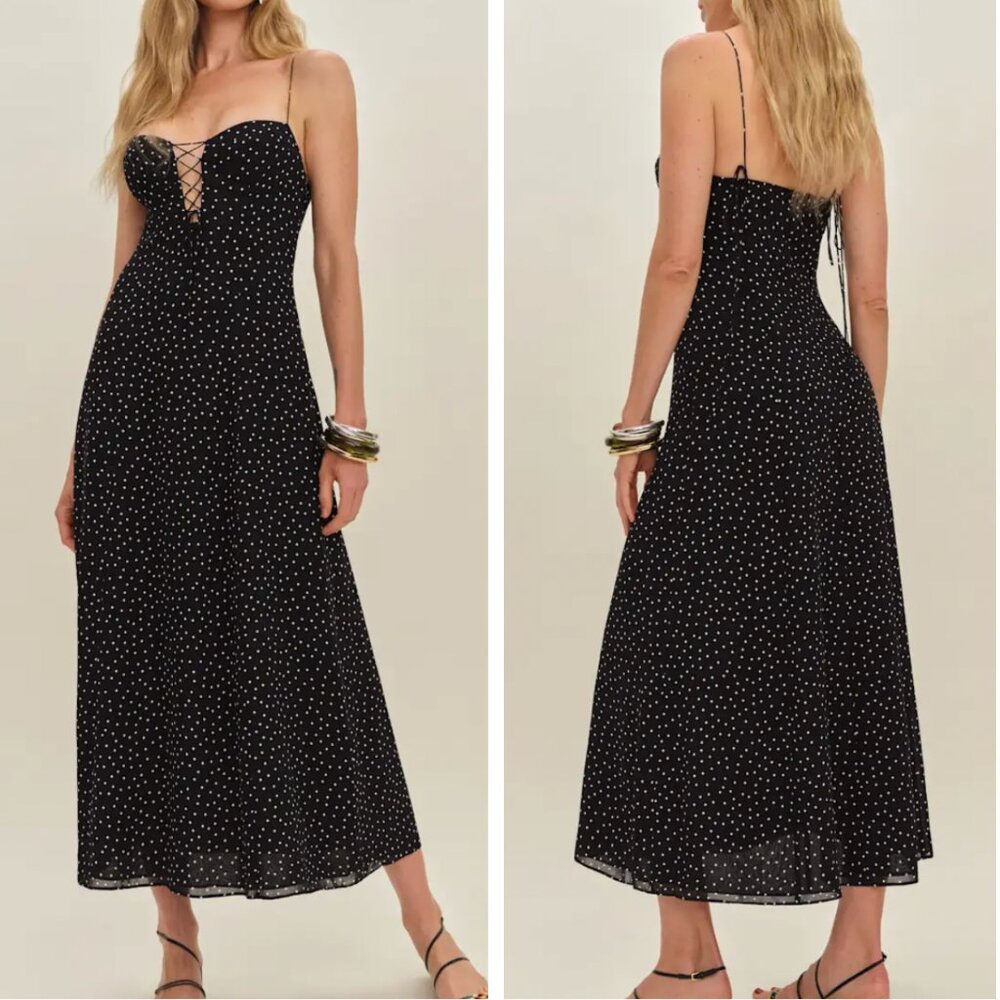 ✨ SALE Reformation Emely Midi Dress Sz4 Selene Black White Polka Dot Lace up